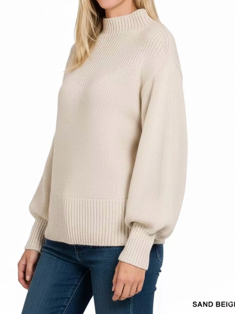 Zenana Balloon Sleeve Mock Neck Sweater - Sand Beige